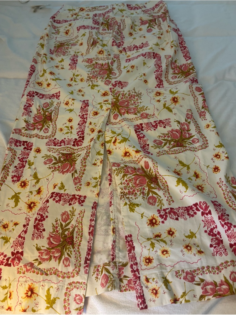 Anthropologie Maeve Cream Midi Skirt with Pink Floral Patchwork